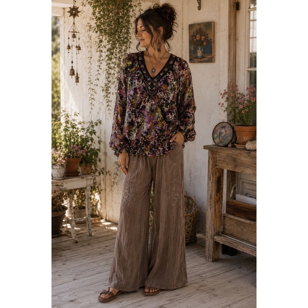 Boho Artsy Whimsigoth Purple Floral Jeweled Chiffon V-Neck Smocked Hem L Top
